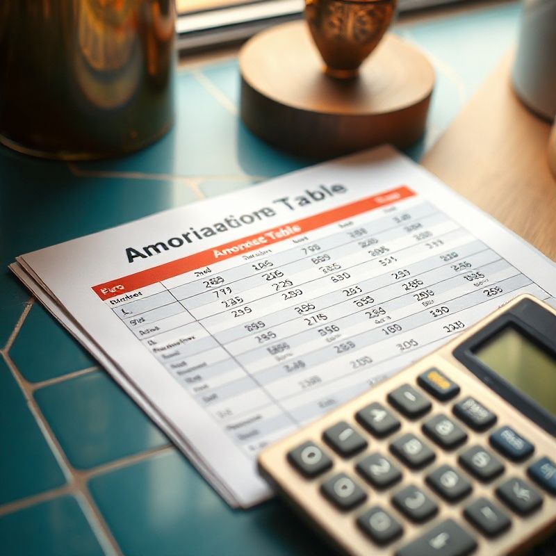 Tabla de amortización impresa y calculadora sobre un escritorio