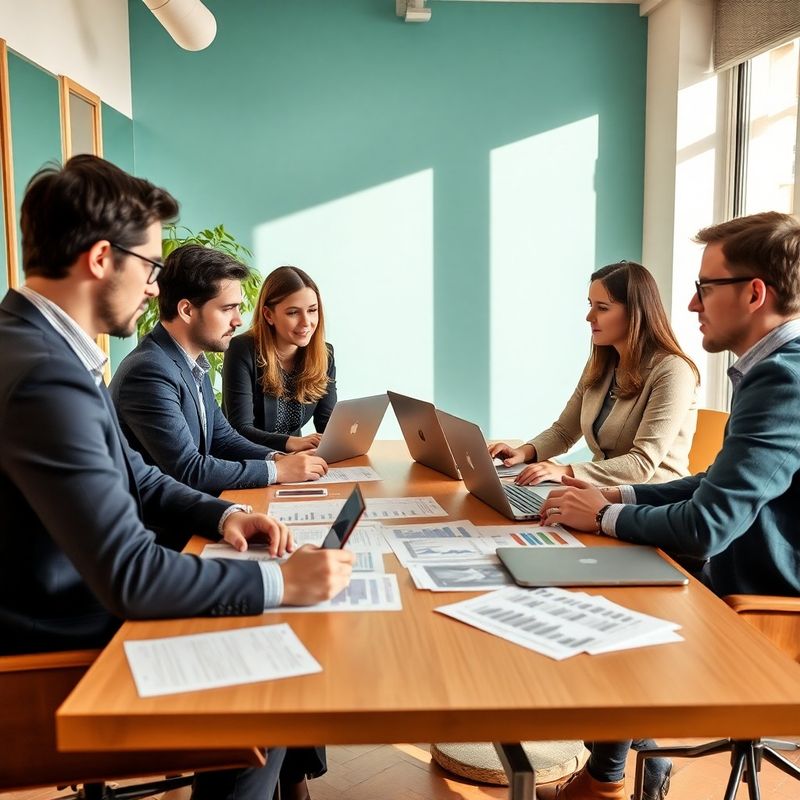 Equipo editorial de cinco profesionales colaborando en una oficina barcelonesa